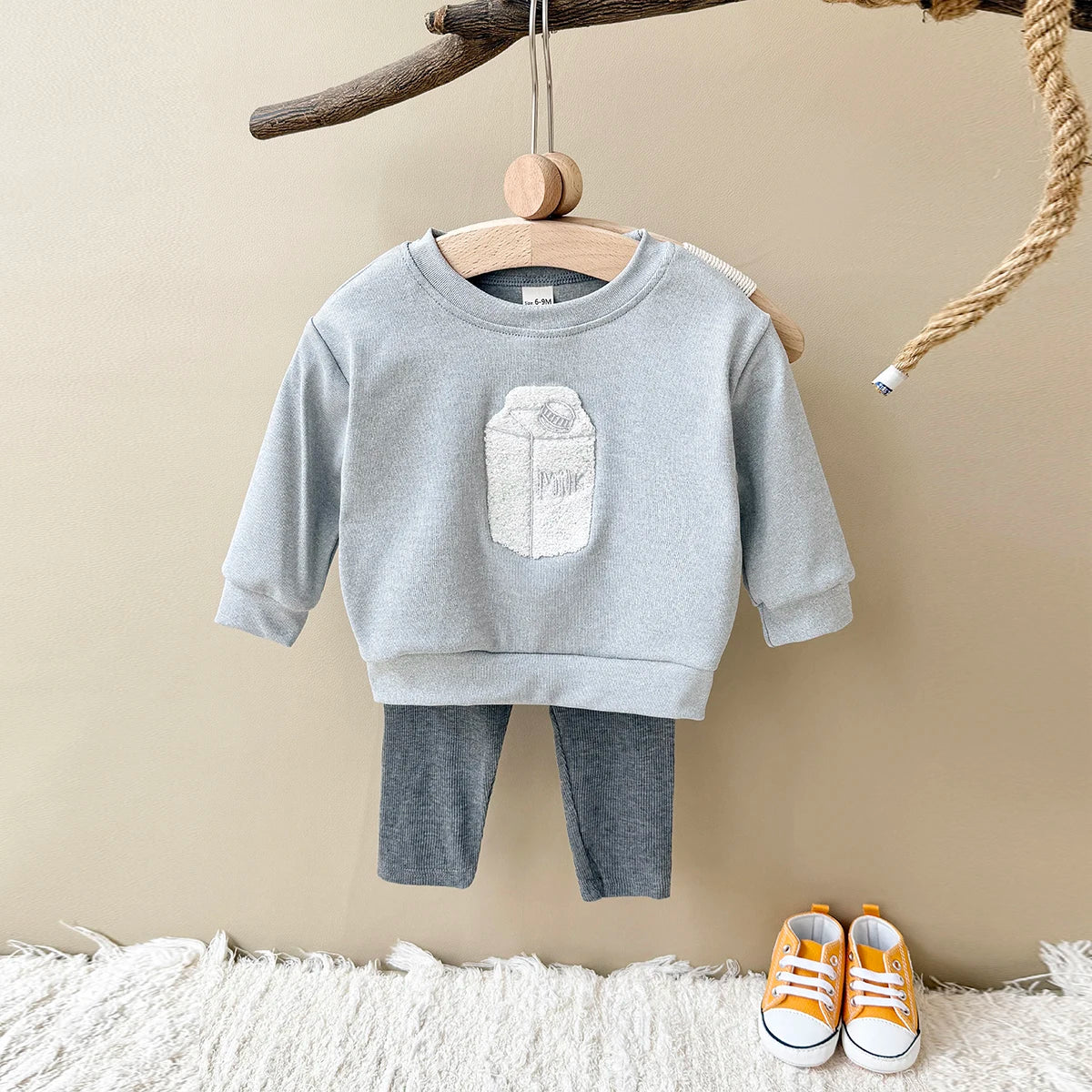 Kids Baby Boys Fall 2Pcs Grey Tracksuit - Cartoon Milk Embroidery Set
