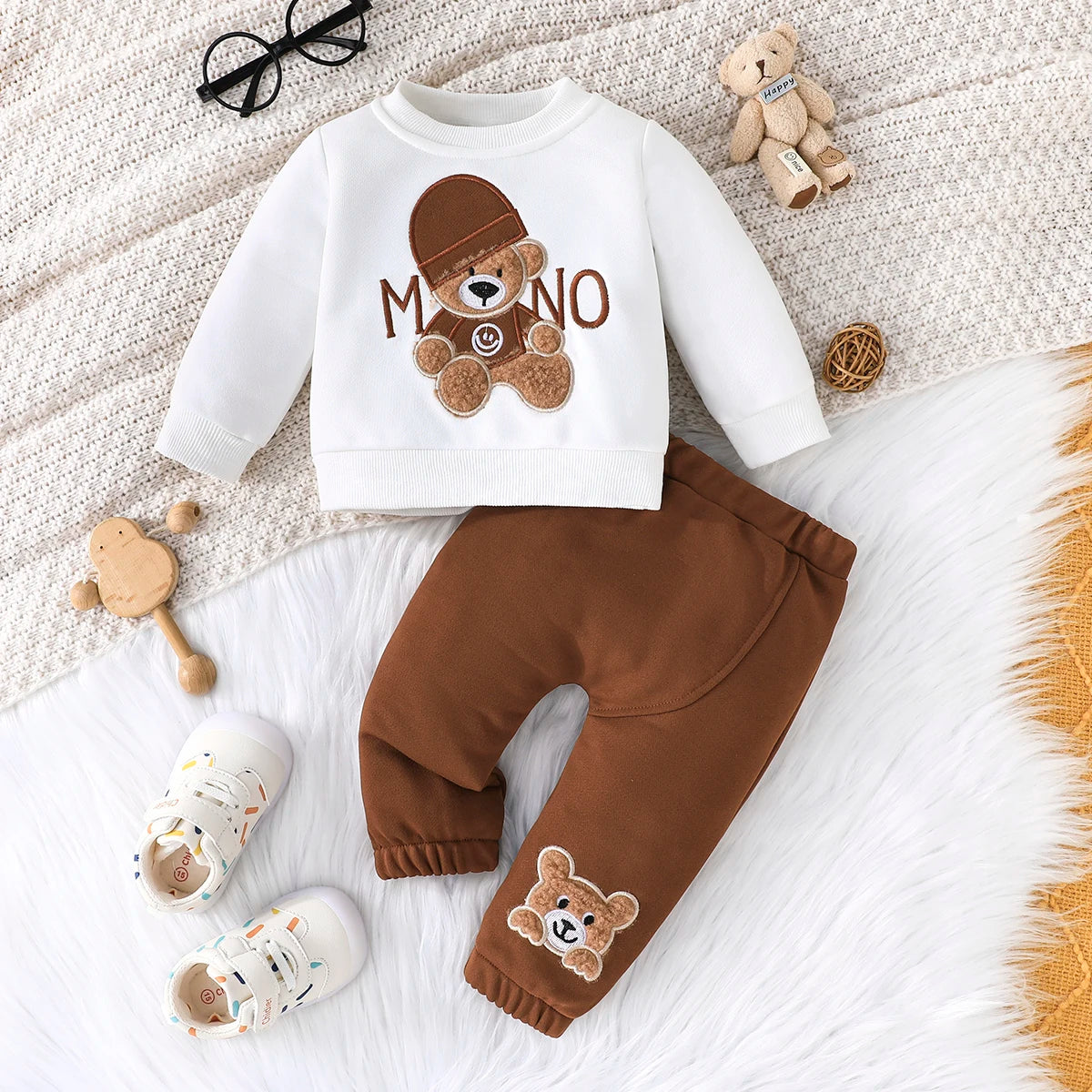 Toddler Cartoon Bear Long Sleeve Tee & Navy Pants Set