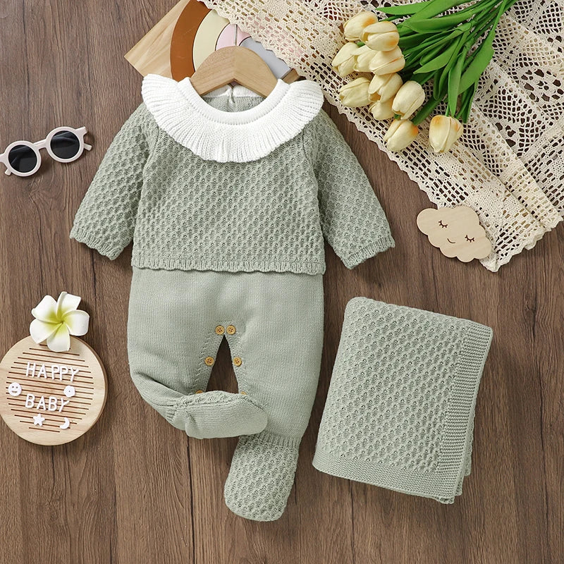 Newborn Baby Romper & Blanket Set - Knit Plaid Jumpsuit & Quilt