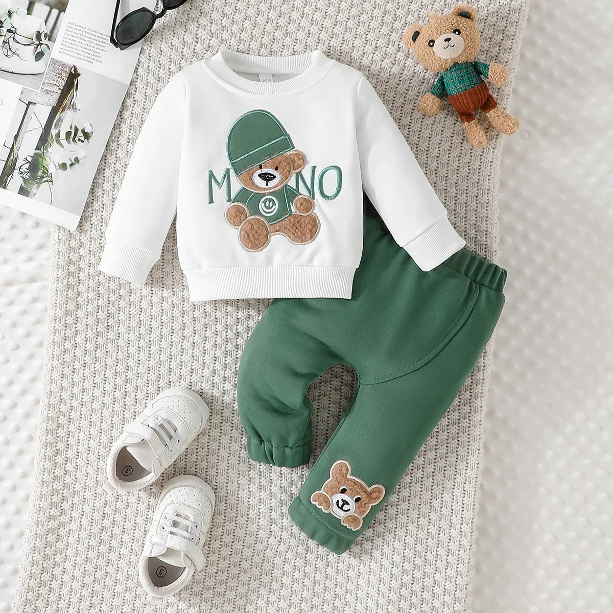 Toddler Cartoon Bear Long Sleeve Tee & Navy Pants Set